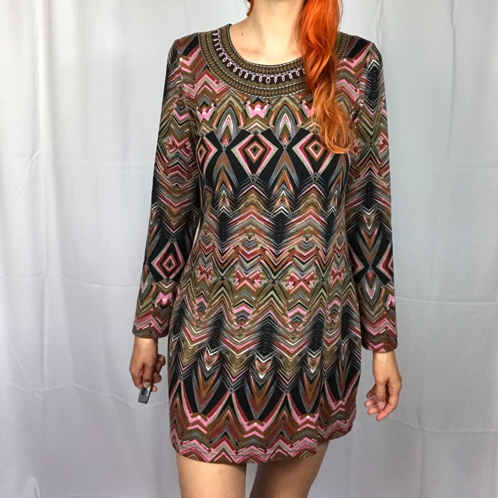 Patterned Long Sleeve Mini Dress Large
